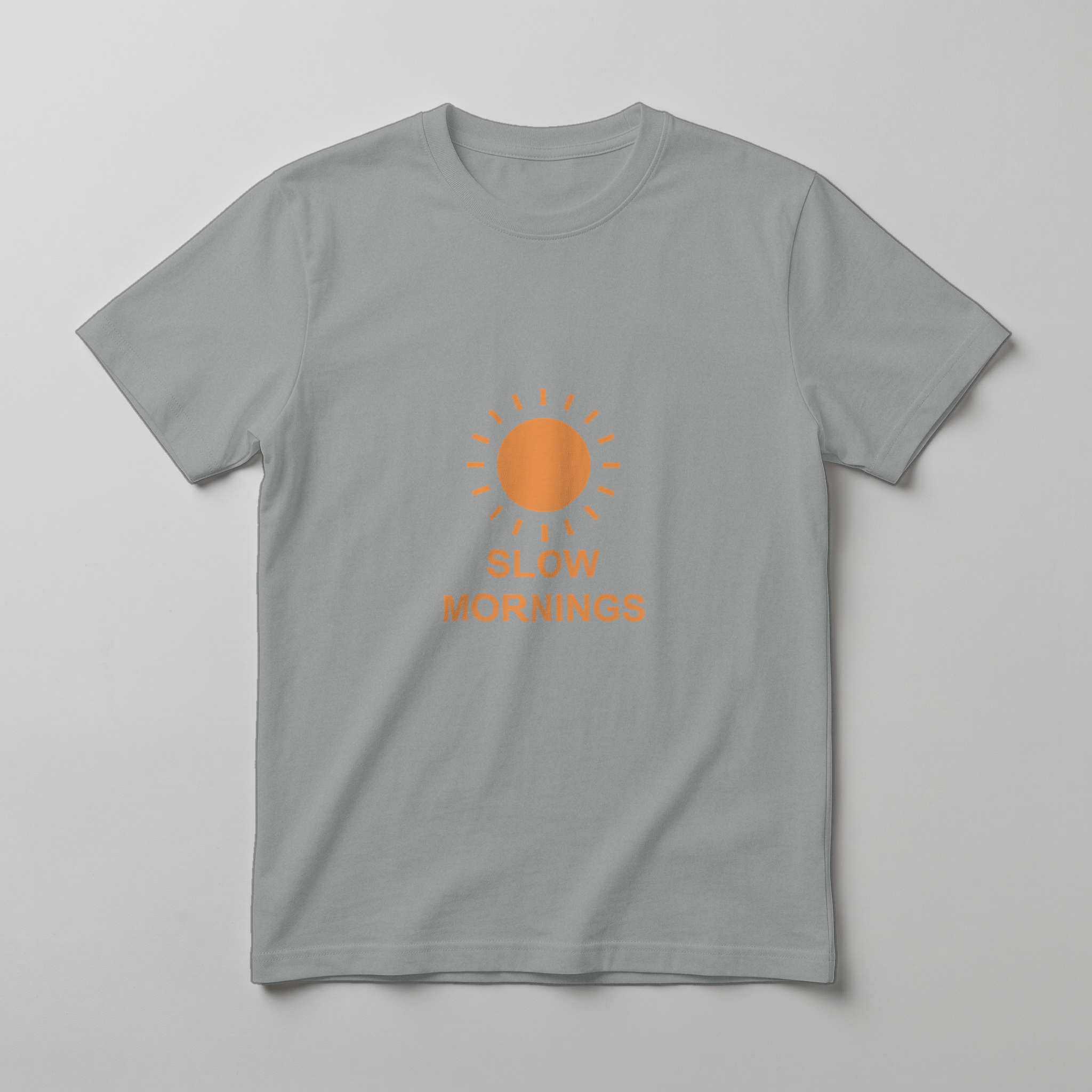 after: orange sun print on a heather gray T-shirt mockup lying flat