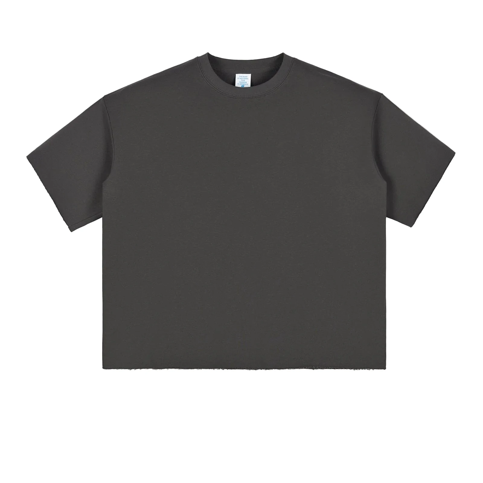 Flat lay of a plain charcoal cotton T-shirt