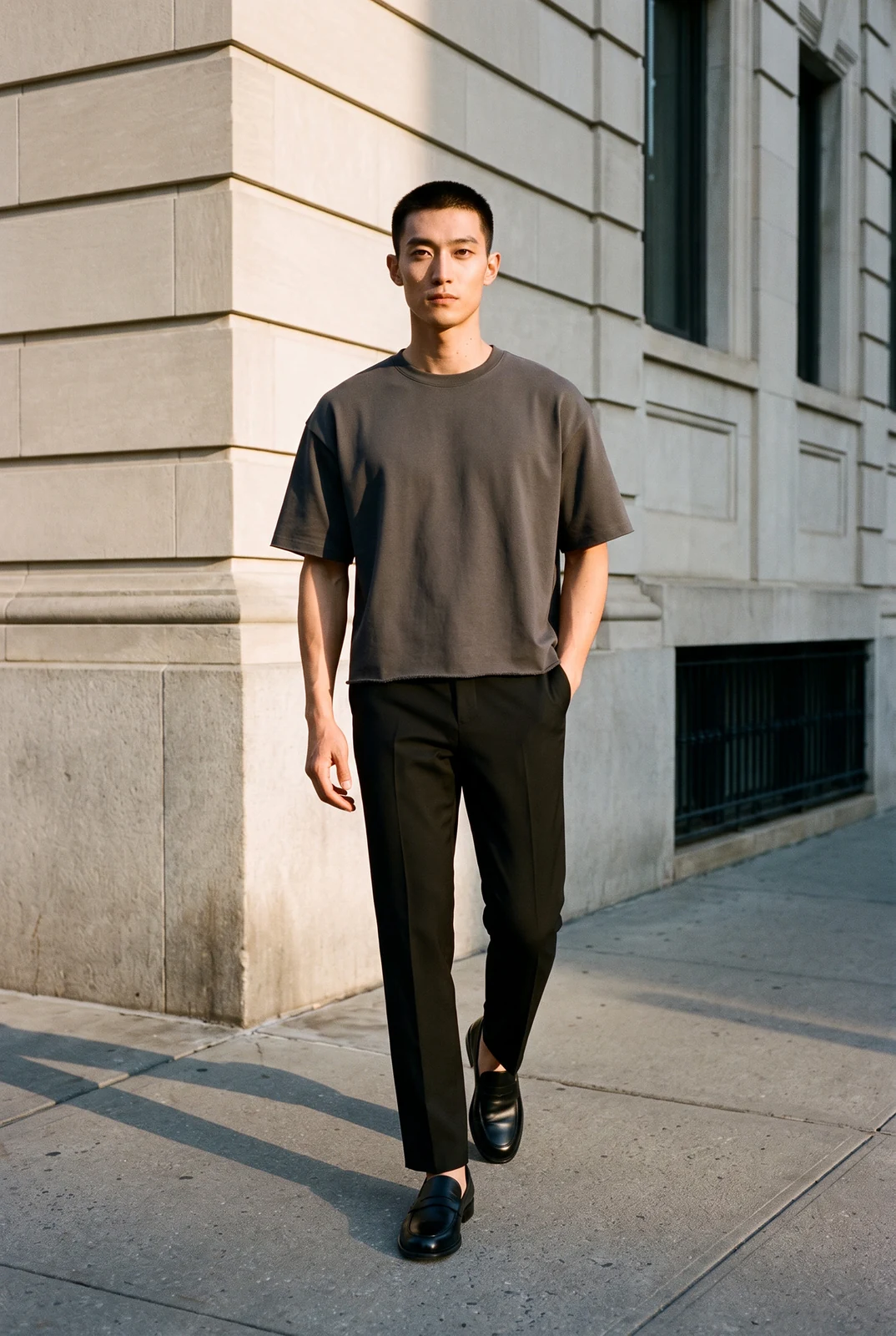 AI fashion model wearing the charcoal T-shirt, walking beside a stone building - AI-generated model