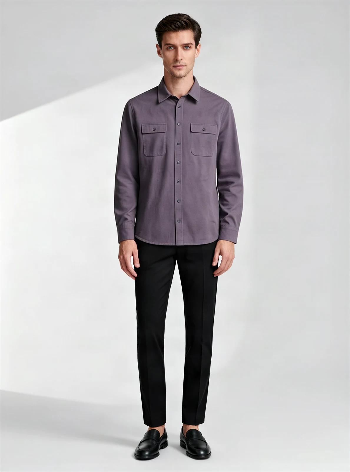 AI fashion model wearing the gray-purple pocket shirt, standing in a light studio - AI-generated model