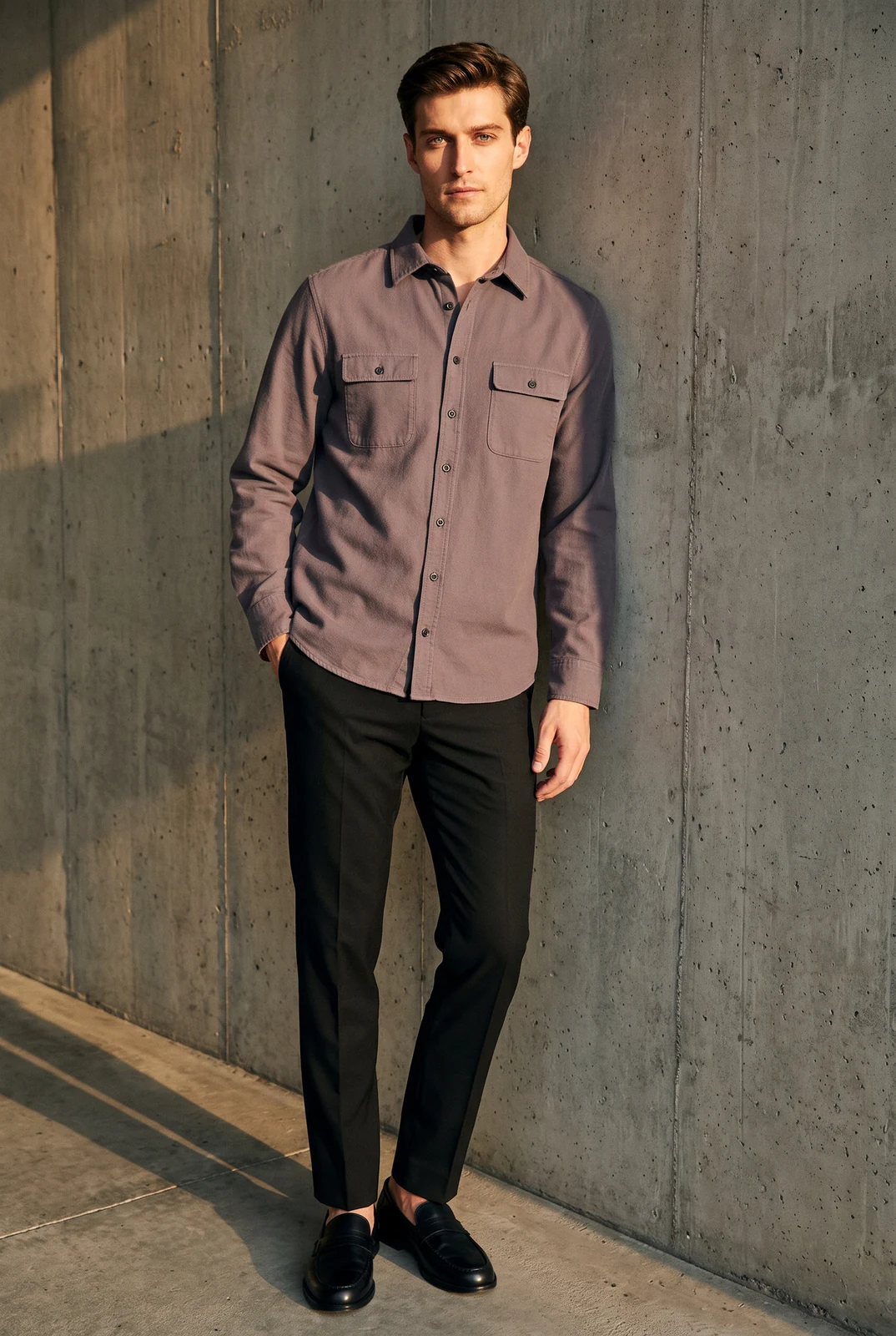 AI fashion model wearing the gray-purple pocket shirt beside a concrete wall - AI-generated model