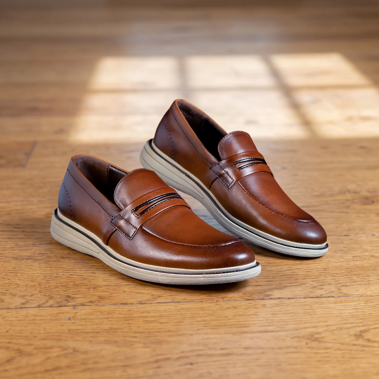 unbranded leather loafers in window light