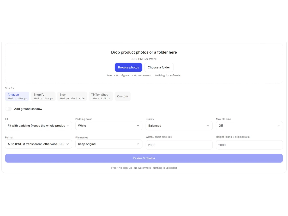 bulk image editor with marketplace size presets and resize settings